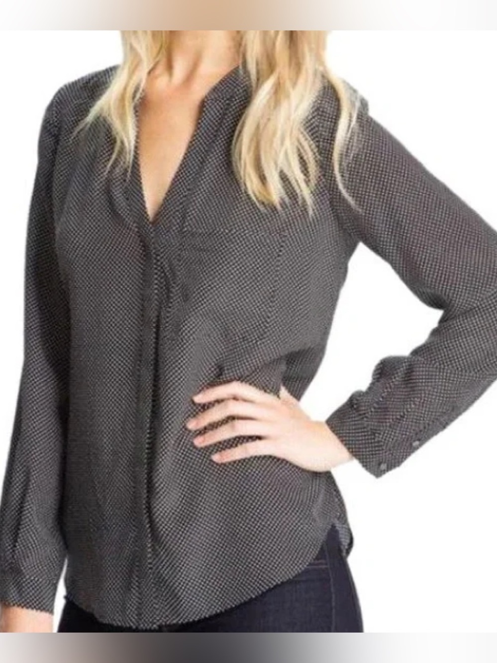 Joie 100% Silk Black Hanelli Diamond Print Button-Front Blouse Preppy Business